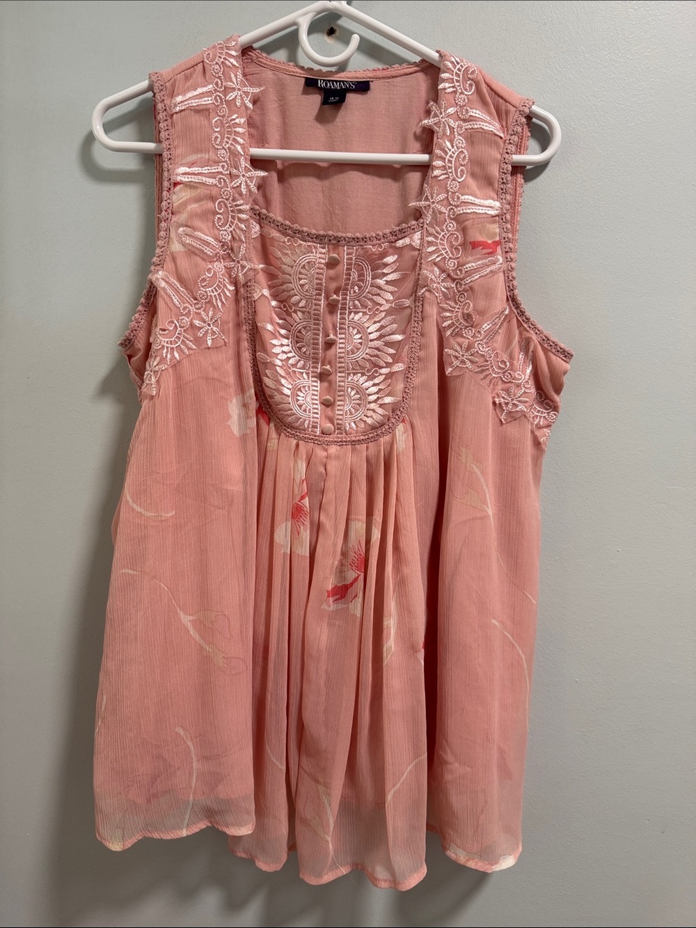 Roaman's Floral Dusty Rose Sleeveless Top with Lace Trim and Embroidery